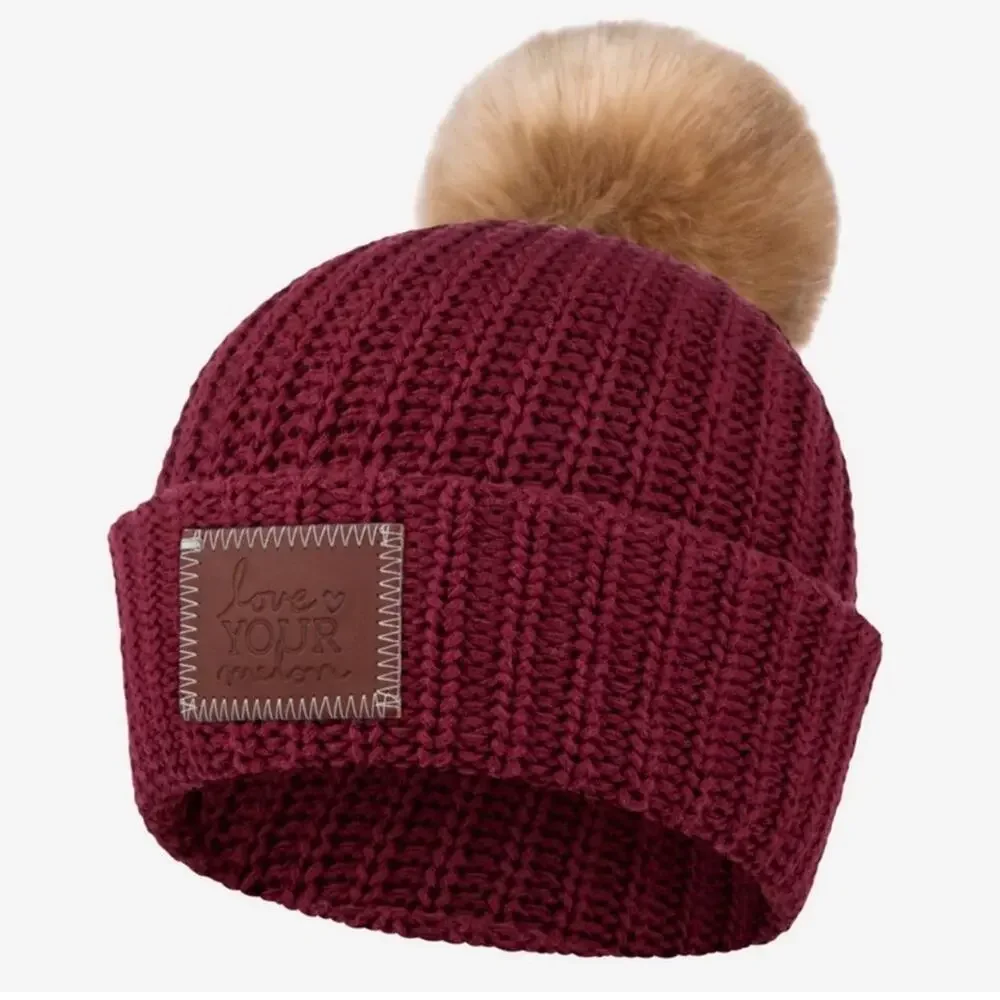Love Your Melon Burgundy Pom Beanie Natural Pom Cableknit One Size Womens